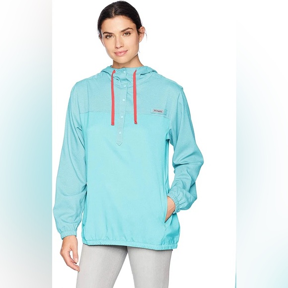 Columbia Jackets & Blazers - Columbia Aqua Pullover Windbreaker with Coral Drawcords K